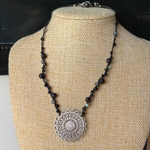 NWT Silver Pendant with Black & Grey Beads and Rope Necklace Women's Jewelry